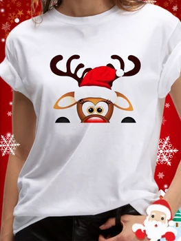 Unisex Baskı 2022 Yılbaşı Yeni Yıl Noel Baskılı kısa kollu tişört Noel Elk Baskı T Shirt Harajuku Kadın Moda