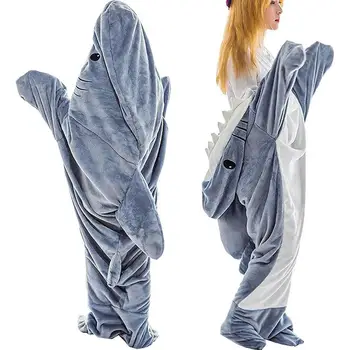 Tek Parça Yetişkin Battaniye Sevimli Komik Mavi Giyilebilir Köpekbalığı Battaniye uyku tulumu Pazen Hoodie Kızlar için İlginç Battaniye Hediyeler
