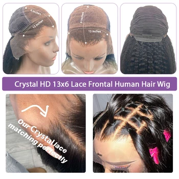Kristal Gerçek HD Dantel Peruk 13x6 İnsan Saçı Sapıkça Düz sırma ön peruk Kinky Kenarları Dantel ön peruk 5x5 Kapatma Tutkalsız Peruk