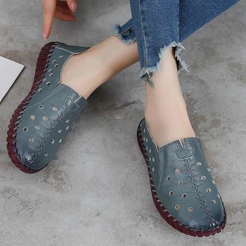 Yaz Hakiki deri ayakkabı Yeni Moda Kadın Ayakkabı Kadın Anne İçin kadın Flats Rahat El Yapımı Hamile Delik Ayakkabı
