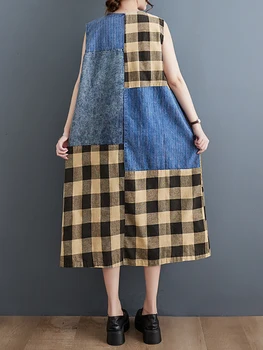 XITAO Kolsuz Denim Ekose Elbise Moda Sadelik V Yaka Kazak Vintage Patchwork Elbise 2023 Yaz Yeni Kadın HQQ1088