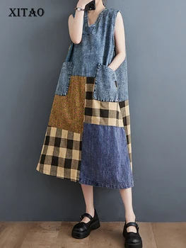 XITAO Kolsuz Denim Ekose Elbise Moda Sadelik V Yaka Kazak Vintage Patchwork Elbise 2023 Yaz Yeni Kadın HQQ1088