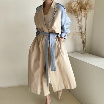 Vintage Kontrast Renk Kadınlar Uzun Trençkot Sashes ile Bahar Sonbahar Rahat Uzun Kollu Kadın Rüzgar Geçirmez Palto Y2k Üst