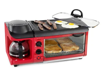 Retro 3'ü 1 Arada Aile Boyu Elektrikli Kahvaltı İstasyonu, Kahve Makinesi, Kalbur, Tost Makinesi-Retro Red