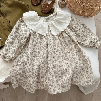 Kız Elbise Bebek Sonbahar Fransız Çiçek Elbise Nakış Yaka Çocuk Giyim 1-6Y