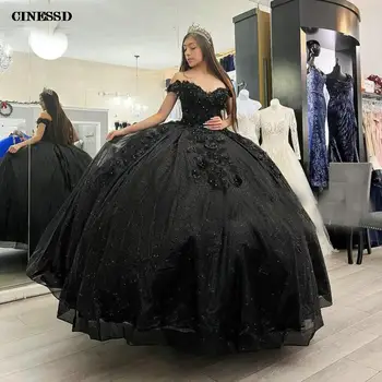 Siyah Kristal 3D Çiçekler Quinceanera Elbise Balo Kapalı Omuz Aplikler Dantel Korse Tatlı 15 Vestidos De Quinceañera