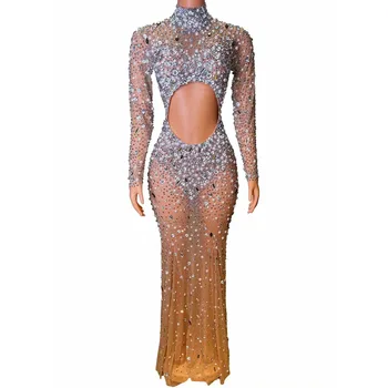 Seksi Parlak Gece Kulübü Bar Kadın Şarkıcı Tam Elmas Örgü Perspektif Hollow Uzun Kollu Sarılmış Kalça Modeli Performans Elbise