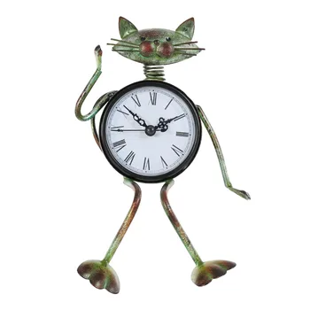 Kedi Saat El Yapımı Vintage Metal Demir Kedi Heykelcik Dilsiz Masa Saati Dekorasyon Pratik Saat Bir AA Pil (dahil değildir)