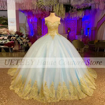 Açık Mavi Quinceanera Elbise 16 Tatlı Kız Aplikler Nakış Sevgiliye Moda balo elbisesi Doğum Günü Partisi balo kıyafetleri