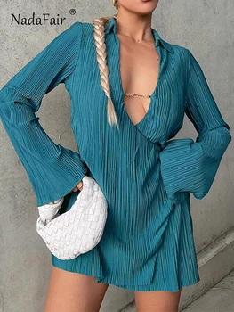 Nadafair Gevşek Uzun Gömlek Elbise Dantelli Turn Down Yaka V Boyun Seksi Mini Elbiseler Sonbahar 2023 Vintage Ofis Bayan Rahat Y2K