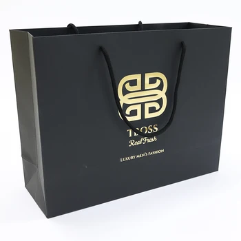 Lüks Altın Folyo Damgalama Özel Çantalar Logo Alışveriş Kendi Logonuzla Siyah Karton Kağıt Torbalar