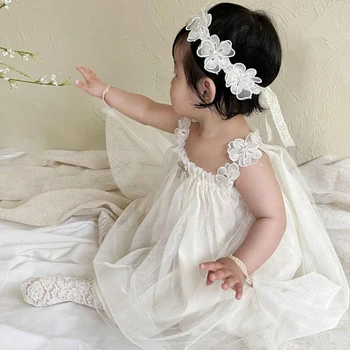 FOCUSNORM 2 adet Prenses Bebek Kız Romper Elbise Kıyafetler Yaz Örgü Kolsuz Tulumlar Streç Kafa Bandı