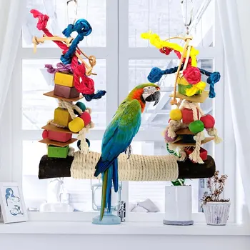 Renkli Papağan Çiğnemek Oyuncaklar Doğal Ahşap Kuşlar Levrek Asılı Çiğneme Salıncaklar Kafes Oyuncak Pet Kuş Tırmanma Merdiveni Oyun Malzemeleri