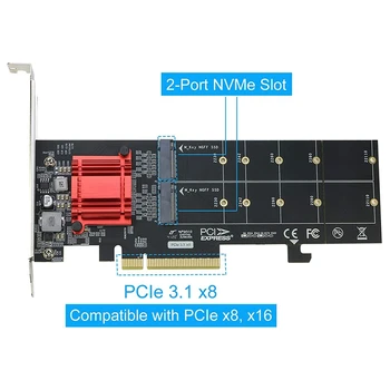 Çift NVMe PCIe Adaptörü, M. 2 NVMe SSD PCI-E 3. 1X8/X16 Kart Desteği M. 2 (M Anahtar) NVMe SSD 22110/2280/2260/2242