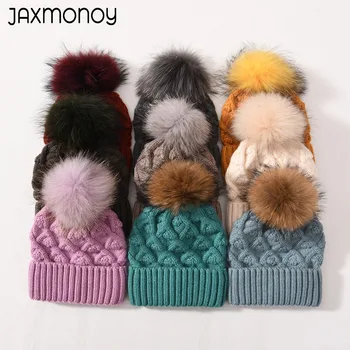Jaxmonoy Örme Bere şapka Gerçek Rakun Kürk Ponpon Ile Kış Kalınlaşmak Sıcak Yün Karışımı Skullies Bayanlar Rahat Kasketleri Yeni