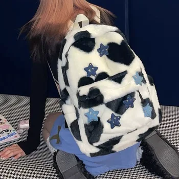Harajuku Kawaii Yıldız İnek Baskı Sırt Çantası Tatlı Peluş Yüksek kapasiteli Okul Sırt Çantaları Y2k Grunge Hafif fermuarlı çantalar Kadın