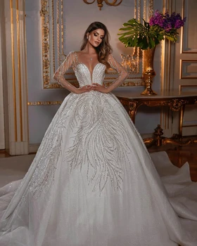 Zarif düğün elbisesi Sequins Boncuk Derin V Yaka Custom Made Gelin balo elbisesi Uzun Kollu Vestido De Novia