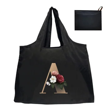 Tote Katlanır Kılıfı Piknik Çantası saklama çantası alışveriş çantası Büyük Kapasiteli Seyahat alışveriş çantası Altın Harfler ve Çiçekler Desen