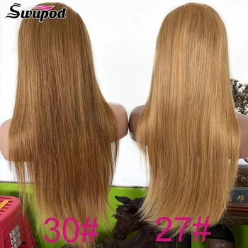 Swupod 200 Yoğunluk Tam 13x4 Şeffaf HD Dantel ön peruk Kadınlar ıçin Düz Remy İnsan Saçı 27 # 30 # Açık Kahverengi Renk Tutkalsız