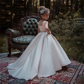 Nakış Çiçek Kız Elbise Düğün İçin Prenses Pembe Saten Dantel Zarif çocuğun İlk Communion Doğum Günü Partisi Balo balo elbisesi
