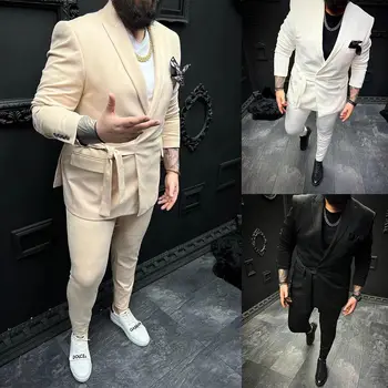 Son Tasarım Yakışıklı erkek Takım Elbise Tepe Yaka Blazer İş Damat düğün Parti Ziyafet Takım Elbise Özel Ceket Pantolon