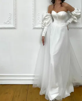 Zarif Uzun Saten Sevgiliye düğün elbisesi Kollu A-Line Fildişi Ayrılabilir Tül Etek Gelin Gelinlikler