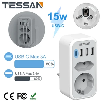 TESSAN 6 in 1 Duvar Fiş Adaptörü ile 1 Tip C Bağlantı Noktası, 3 USB Bağlantı Noktası ve 2 AC Çıkışı, AB Tak Dikey Çoklu Soket Ev Ofis için