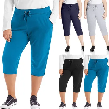 Kadın Artı Boyutu İpli Streç Kırpılmış Pantolon Yoga Pantolon Sweatpants Yoga Koşu Pantolon Spor Spor Tayt