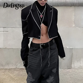 Darlingaga Grunge Dikişli Şerit Püskül Moda Sonbahar Ceket Kadın Hırka Kırpılmış Streetwear Sıkıntılı Kış Ceket Tasarımı