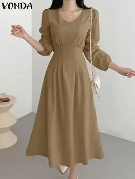 VONDA Yaz Uzun Kollu Gömlek Elbise 2023 Kadın Zarif Düz Renk Vestido Seksi V Boyun Orta Buzağı Sundress Gevşek gündelik elbise