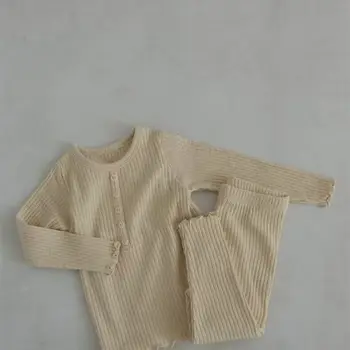 Sonbahar Yeni Bebek Uzun Kollu Giyim Seti Bebek Erkek Kız Pamuk Rahat Pijama 2 adet Takım Elbise Çocuklar Nervürlü Örgü Ev Giyim Kıyafetler