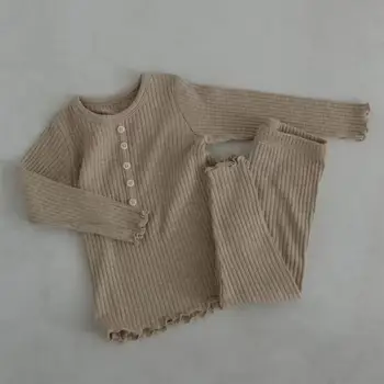 Sonbahar Yeni Bebek Uzun Kollu Giyim Seti Bebek Erkek Kız Pamuk Rahat Pijama 2 adet Takım Elbise Çocuklar Nervürlü Örgü Ev Giyim Kıyafetler