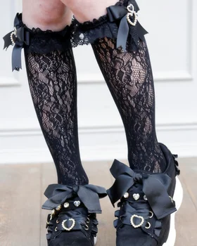 El yapımı Tatlı Lolita Yay İnci Kalp Kolye Dantel Orta Buzağı Çorap Japon Tarzı Pamuk Dantel Çorap Kızlar Kadınlar