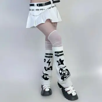 2023 Sonbahar Grunge Punk Kız Goth bacak ısıtıcısı Yıldız Patchwork Y2k Harajuku Gotik Ayak Kapakları PU Kayış Uzun Çorap Şık Streetwear