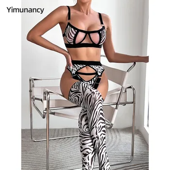 Yımunancy Zebra Baskı Cut Out iç çamaşırı seti Çorap Kadın 4 Parça Seksi Sütyen + Tanga İç Çamaşırı Seti Şehvetli Erotik Intimates