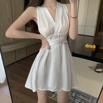 2022 Kore Moda Kısa Kollu Zarif günlük elbiseler Kadınlar için Parti Tasarım Bandaj Midi Beyaz Elbise Backless yaz giysileri