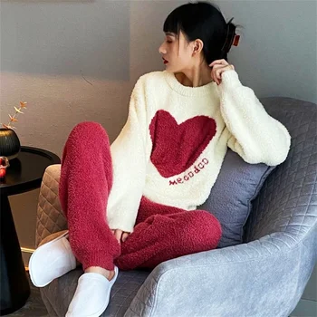 Kış peluş pijama Seti Kadın Tam Kollu Üstleri Uzun Pantolon Pazen Pijama Rahat PJS Sıcak Yumuşak Sevimli Ev Tekstili