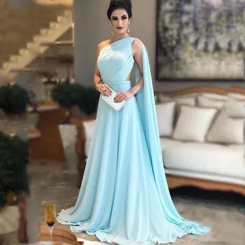 Vestidos De Fiesta Elegantes Para Mujer 2023 Bir Omuz Pelerin Uzun Şifon Akşam Parti Kıyafeti Resmi Suudi Arabistan Kadın Elbise