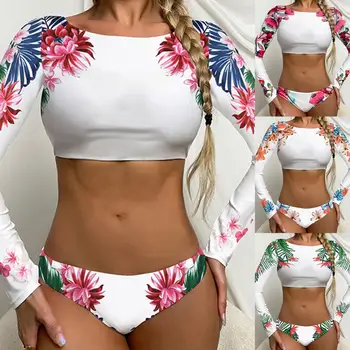2 Adet / takım Kadınlar Bikini Çiçek Baskı Tel Ücretsiz İki parçalı Yüksek Streç Yuvarlak Boyun Mayo Beachwear