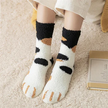 1 Çift Peluş Mercan Polar Çorap Kadın Tüp Çorap Sonbahar Ve Kış Kedi Pençeleri Sevimli Kalın Sıcak Uyku Kat Uyku Çorap Bayan