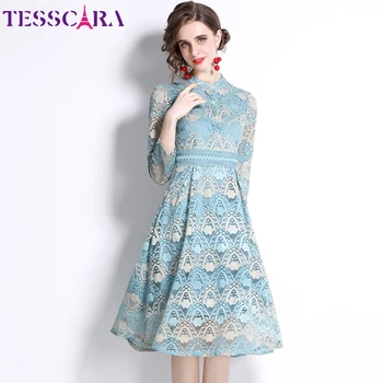 TESSCARA Kadın Sonbahar Zarif Dantel Elbise Yüksek Kaliteli Ofis Kokteyl Parti Elbise Vintage Tasarımcı Pembe ve Mavi A-Line Vestidos