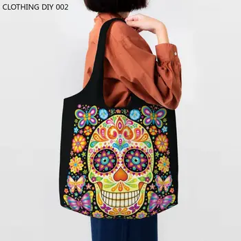 Ölü Şeker Kafatası Bakkaliye Alışveriş Çantaları Tuval alışveriş çantası omuz çantaları Kapasiteli Taşınabilir Meksika Çiçekler Çanta