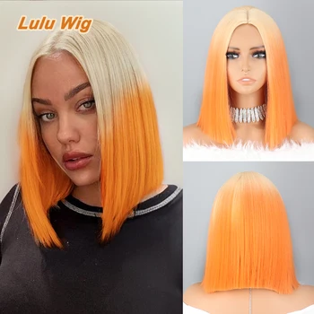 Renkli Peruk Kısa Düz Bob Kadınlar için Ombre Zencefil Sentetik Peruk Sarışın Turuncu Orta Kısmı Yedek saç peruk Günlük