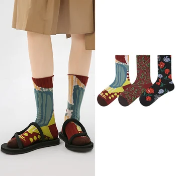 3 ADET Retro baskı Çorap Kadınlar İçin Orta Tüp Çorap Sonbahar Pamuk sıcak tutan çoraplar Hediye Erkek Çift Gençler İçin