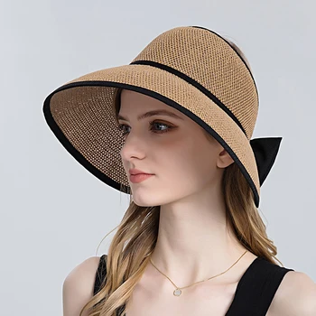 Yaz Boş Üst Güneş vizör kep Kadın At Kuyruğu Şapka Moda İlmek Plaj Kap Kadın Açık Geniş Brim Panama Hasır Şapkalar