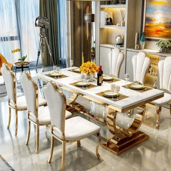 Büyük kalite modern lüks 4 kişilik 6 kişilik 8 kişilik ev mobilyaları altın paslanmaz çelik yemek masaları ve sandalyeler