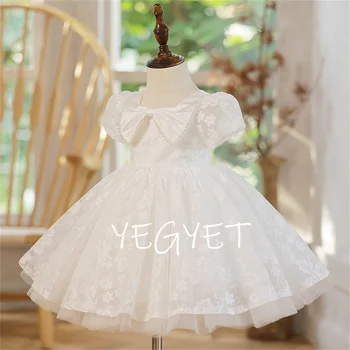 Sevgiliye Çiçek Kız Elbise Düğün Çocuklar İçin Doğum Günü Kısa Kollu A-line Balo Diz Boyu Prenses Yay İnci Dantel Elbiseler