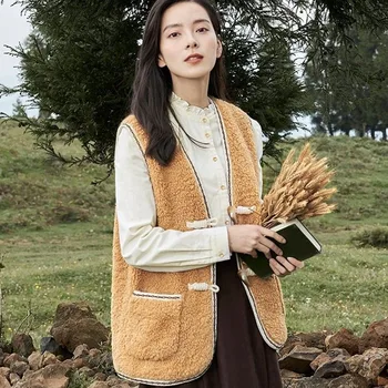 Kış Kadın Kuzu Saç Kısa Yelek Ceket Vintage Moda Zarif Sadelik Kalınlaşmak Ceket Bayan Sıcak Korna Düğmesi Kolsuz Ceket
