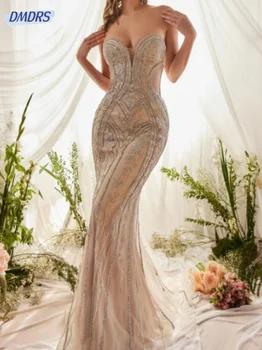 Illusion Derin V Yaka Abiye Vintage Mermaid Elbise Gelin Zarif Kat uzunlukta gelin kıyafeti Vestido De Novia