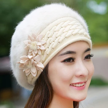 Çiçek Patchwork Zarif Kadın örgü şapkalar Kap Sonbahar Kış Düz Renk Kadın Moda Skullies Bere Şapka